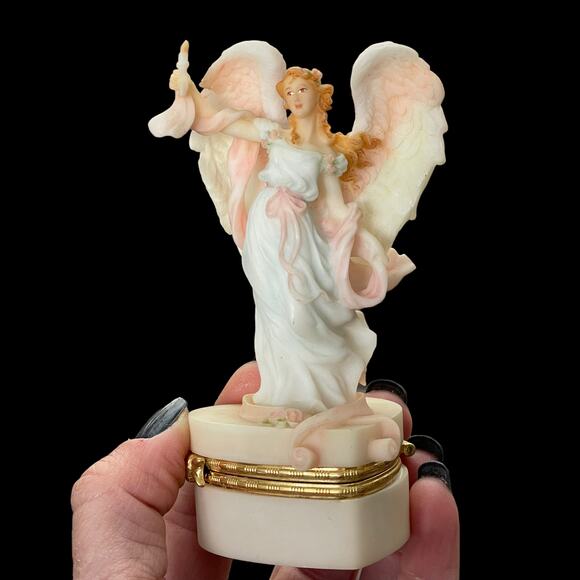 Roman Seraphim Classics Hope Angel Trinket Box #81621 VTG 1998 Pink Ribbon Pin - Picture 1 of 16